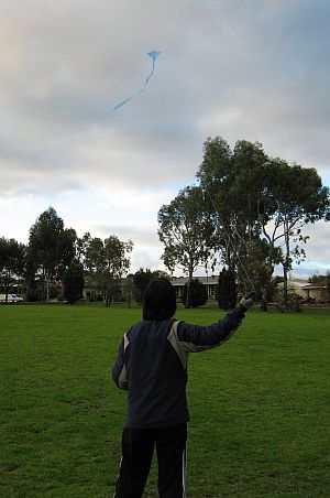 An MBK Tiny Tots Diamond kite made from blue plastic.