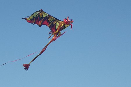 A retail winged Dragon kite in flight.