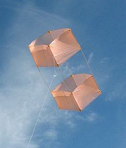 The MBK Dowel Box kite (moderate) in flight.