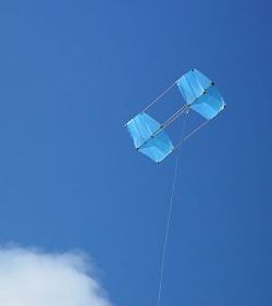 The MBK Dowel Box kite (fresh wind) in flight.