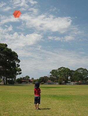Child Flying Kite - Aren flying the 2-Skewer Rokkaku.