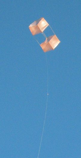 The MBK Dowel Box kite in flight. The MBK Dowel Box kite in flight.