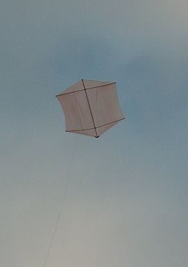 The MBK Dowel Rokkaku kite in flight.