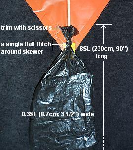 MBK 2-Skewer Diamond kite - close-up of tail attachment.
