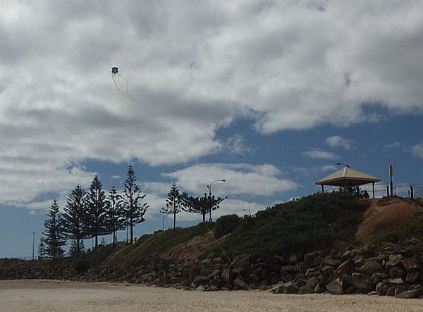 The MBK Soft Sled kite in flight on a 'blue' day.