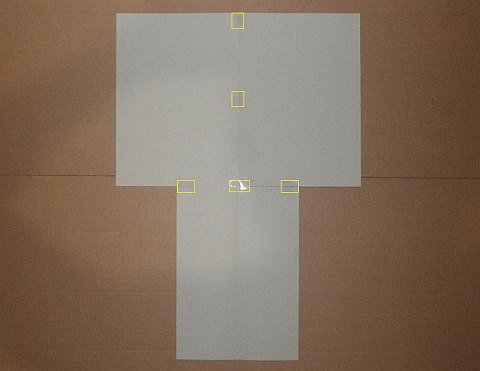 The Paper Sode kite - 3 sheets of paper tacked together, yellow lines indicate sticky tape. The Paper Sode kite - 3 sheets of paper tacked together, yellow lines indicate sticky tape.