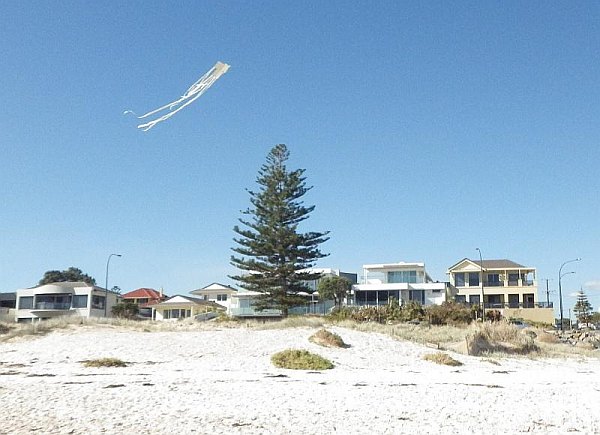 The MBK Soft Sled kite in flight on a 'blue' day.