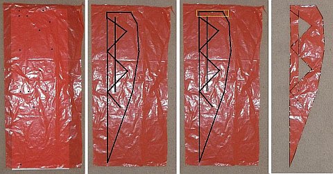 The Parachute kite - first alternate rib - dots marked, lines drawn, taped and cut.