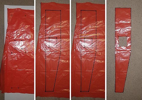 The Octopus kite - first side rib -  dots marked, lines drawn, taped and cut.