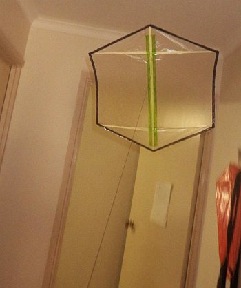 The MBK Indoor Rokkaku kite in flight. Indoor kite posts - rokkaku. MBK Indoor Rokkaku.