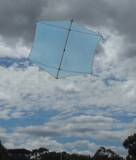 The MBK Multi-Dowel Rokkaku kite in flight. The MBK Multi-Dowel Rokkaku kite in flight.