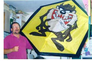 A big Rokkaku kite featuring a Tasmainian Devil cartoon character.