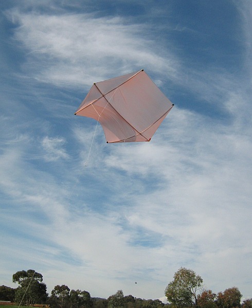 The Dowel Rokkaku kite in flight.