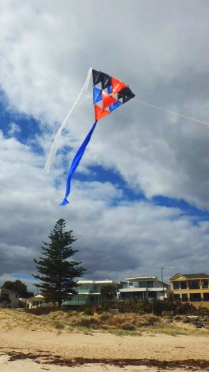The MBK Skewer Tetrahedral kite (10-cell) in flight. The MBK Skewer Tetrahedral kite (10-cell) in flight.