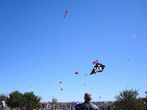 At the Zilker Kite Festival - massed kites over the crowd.